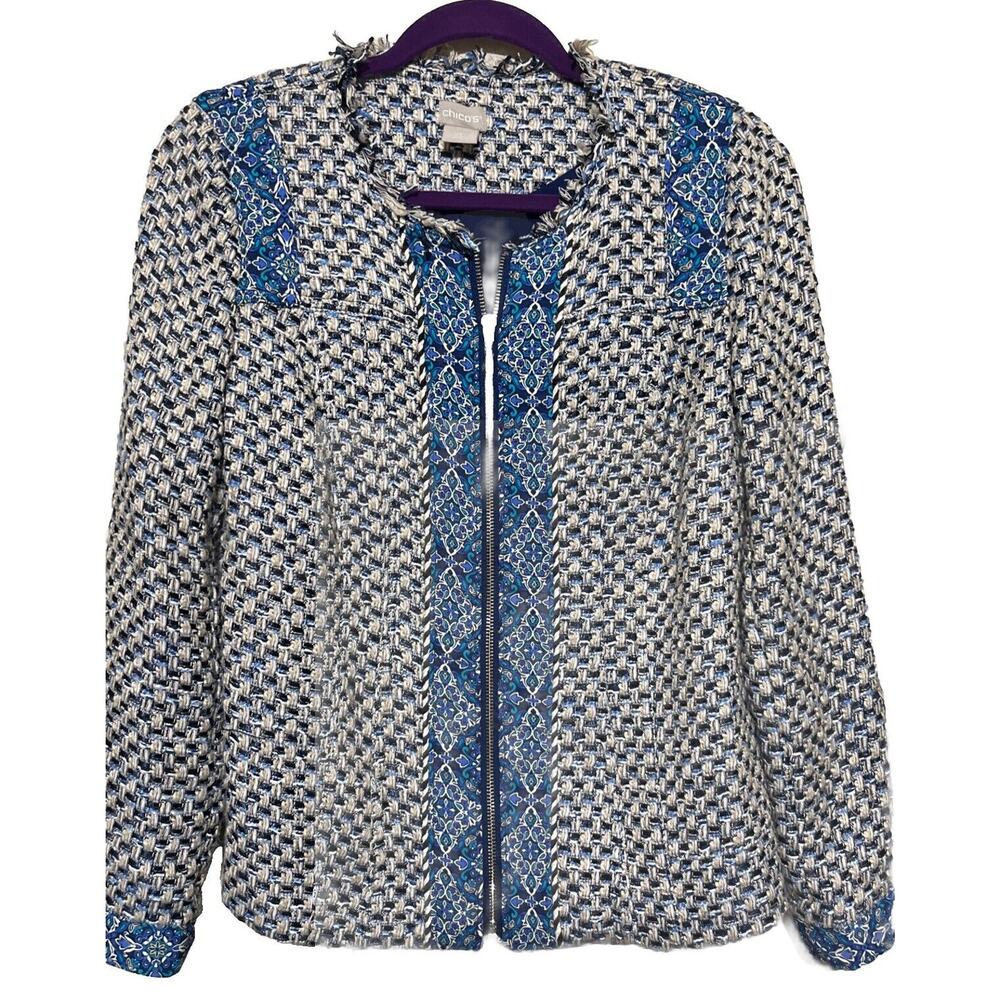 Chicos 0/S Blue Tweed Jacket Blazer boucle full zip sz 4/6 - Picture 1 of 10